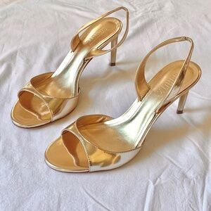 Schutz Scarlett Sling Mid Heel Metallic Gold 8 NEW